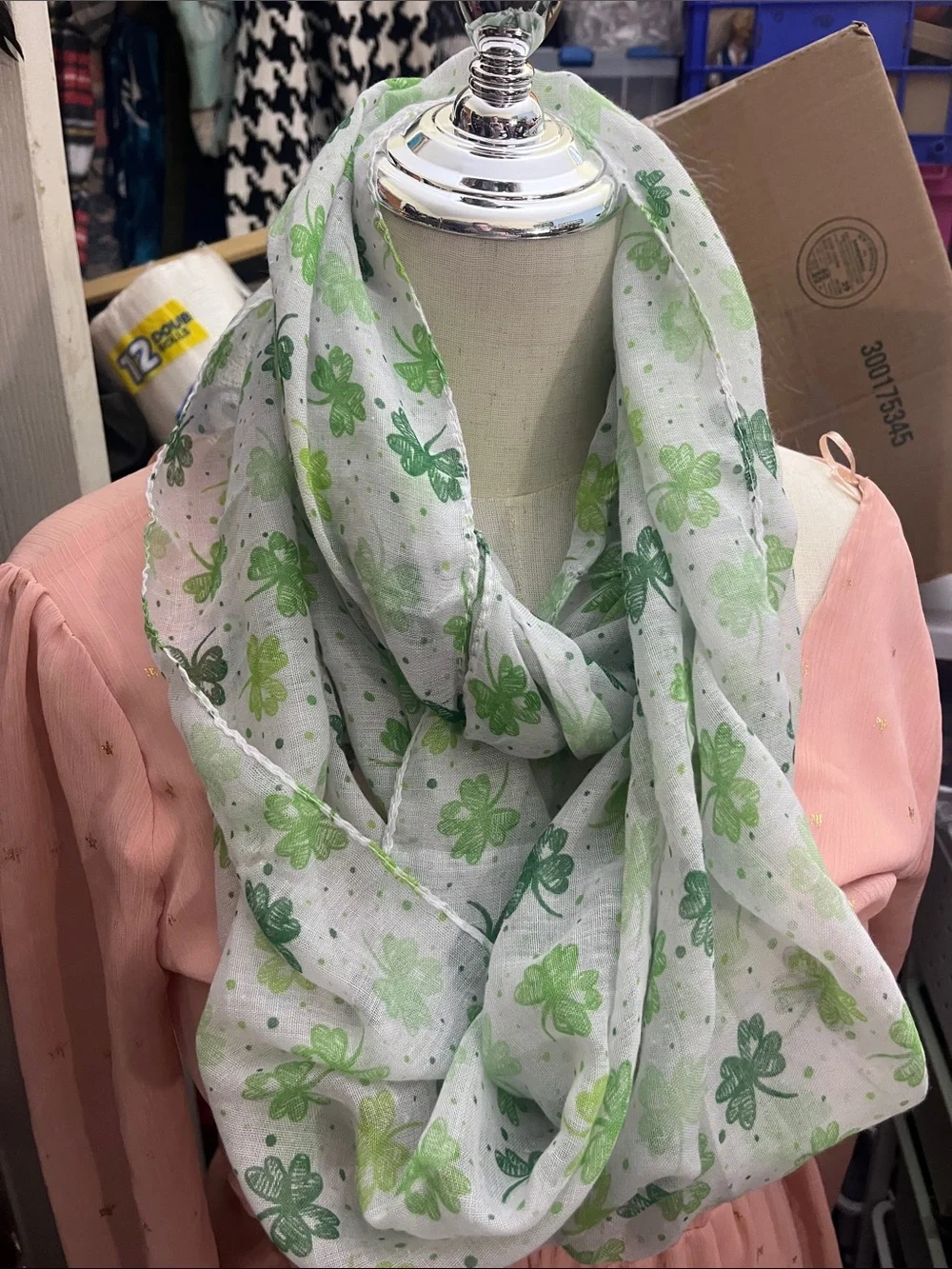 Lightweight Shamrock Green and White Infinity Wrap Great for St Patty’s Day S228